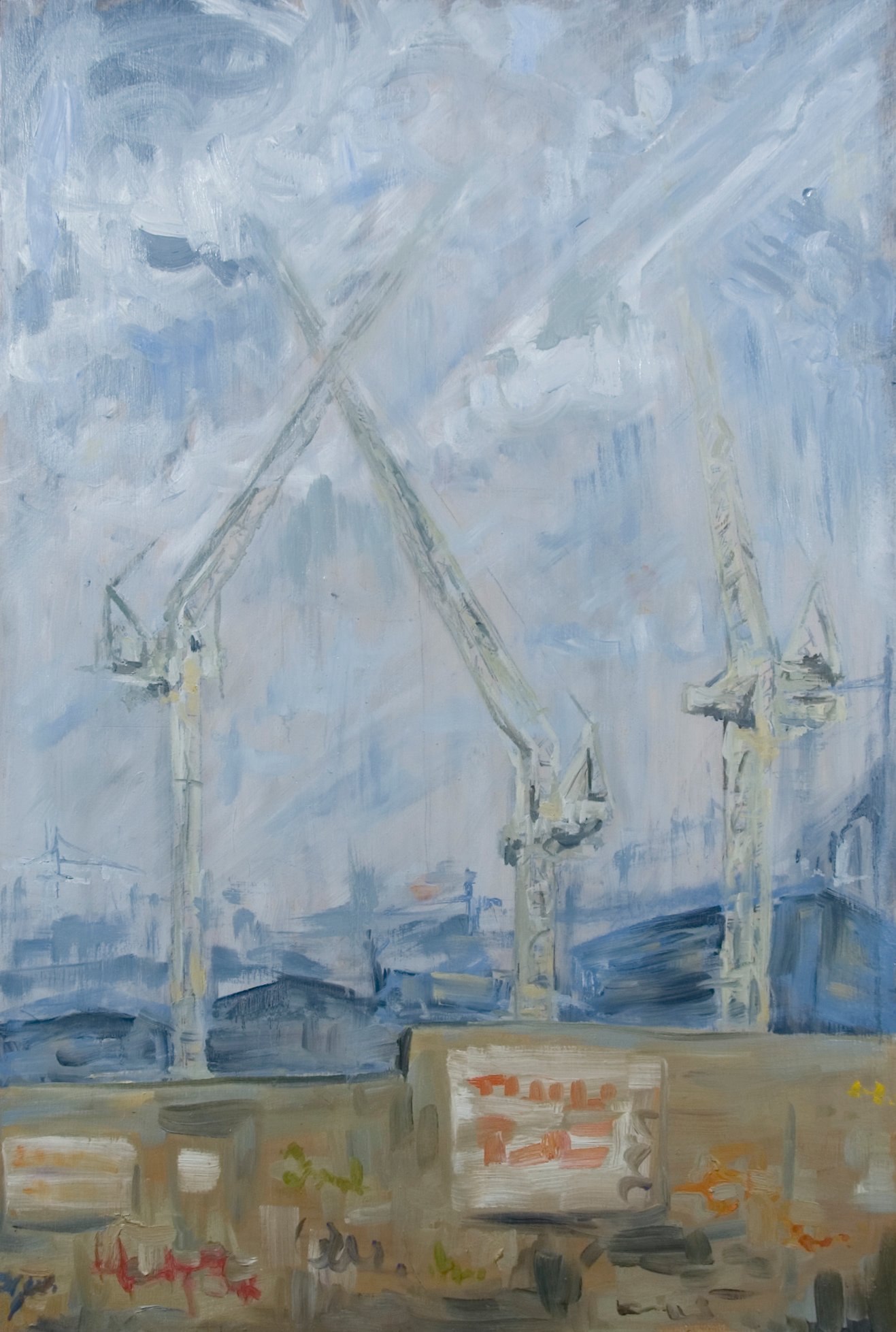 Oil painting of cranes and graffiti