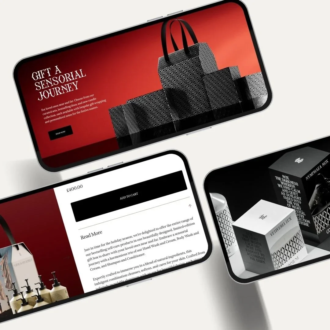 Three smartphones displaying a cosmetics online store with holiday-themed designs, including gift sets, products, and promotional banners.