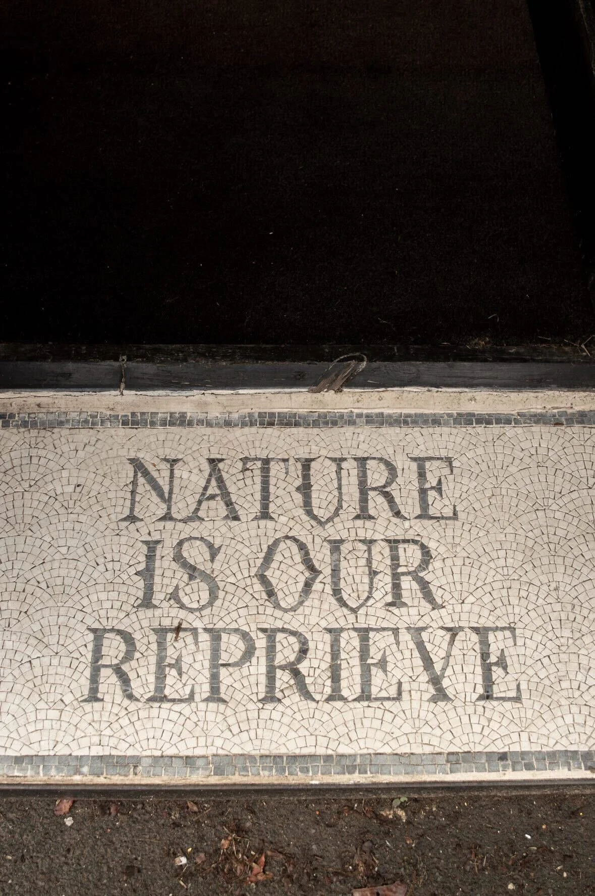 Mosaic sidewalk with the text 'NATURE IS OUR REFUGE'