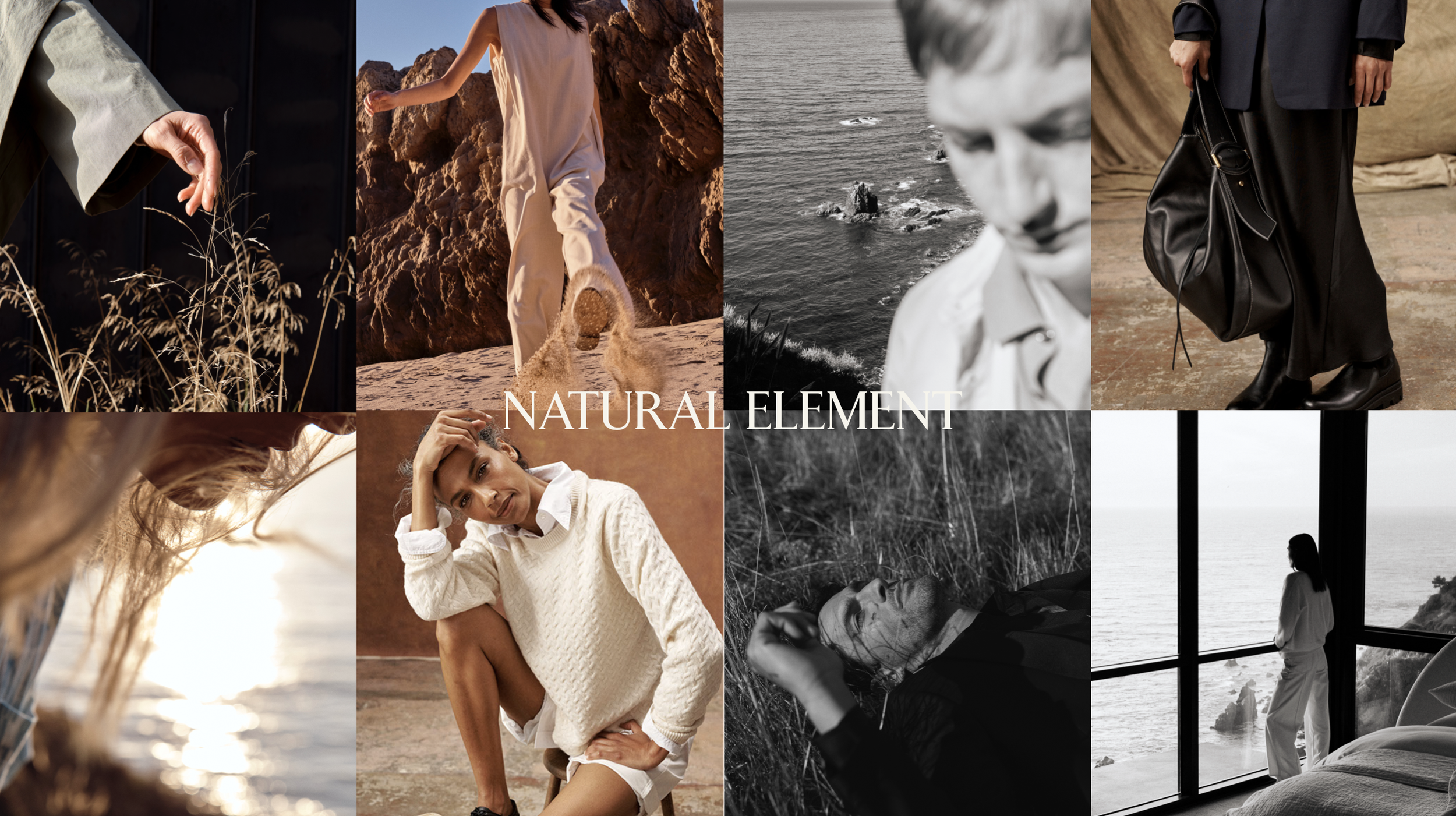 Collage of eight photos featuring natural elements and people in outdoor and indoor settings, with the words "NATURAL ELEMENT" overlaid in the center.