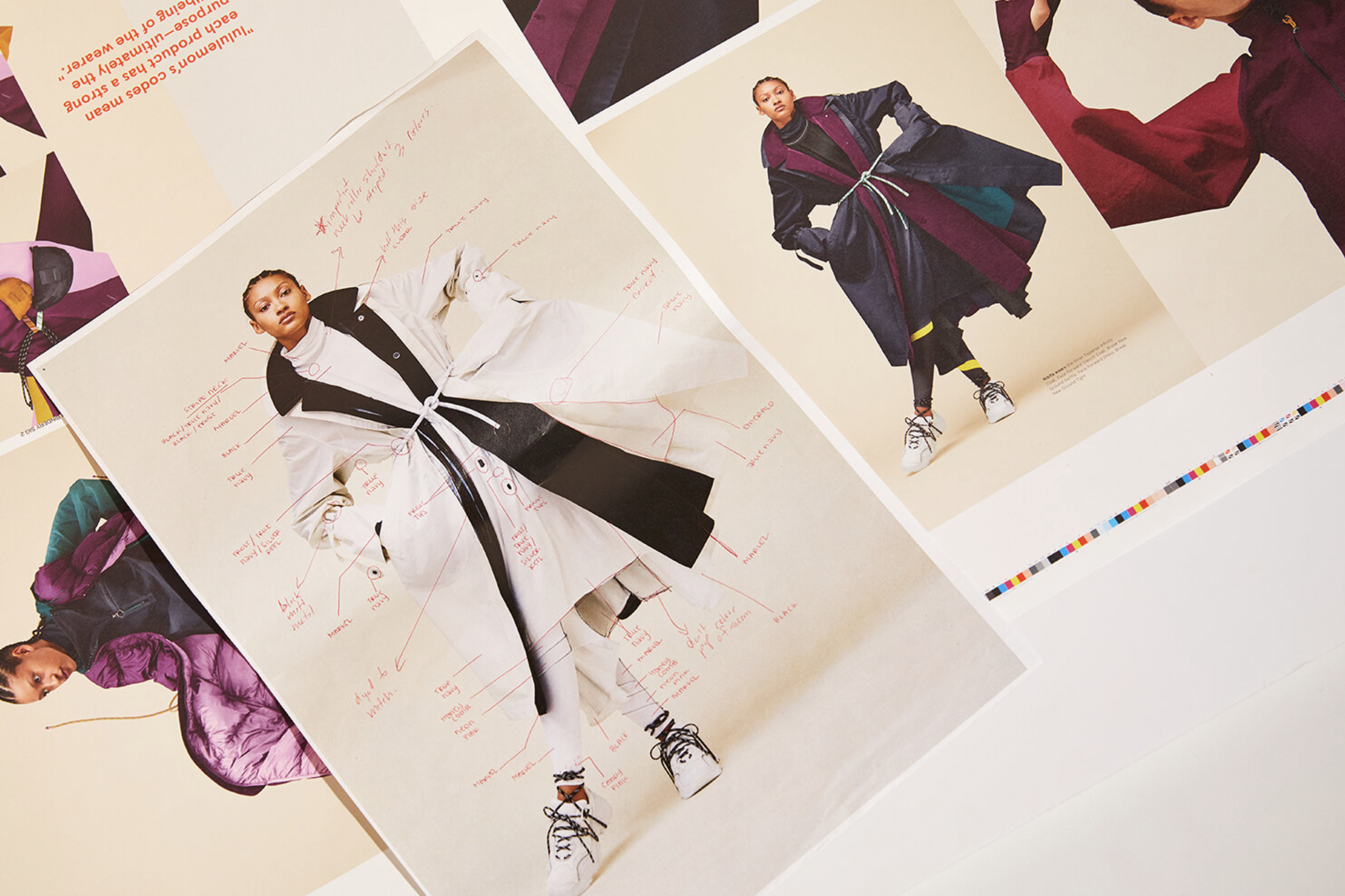 Sketch of a model in a layered outfit with handwritten annotations and photos of the actual outfit, including pants and sneakers.