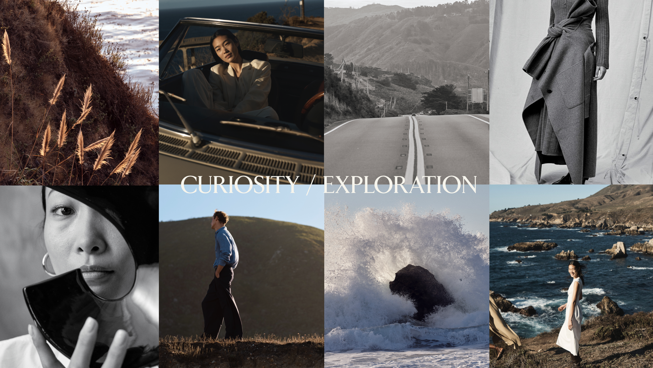A collage of eight images related to exploration and discovery. The images include natural landscapes, a person driving a vintage car, a person standing on a hill, a woman in a dress posing by a backdrop, a close-up of a woman's face holding a black phone, and a woman by the sea with rocky shores. The words "CURIOSITY / EXPLORATION" are overlaid at the center of the collage.