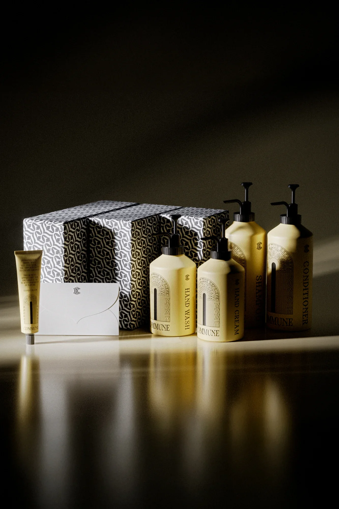 Collection of skincare products including hand wash, shower cream, and conditioner bottles, along with a box and small tube, on a reflective surface with low lighting.