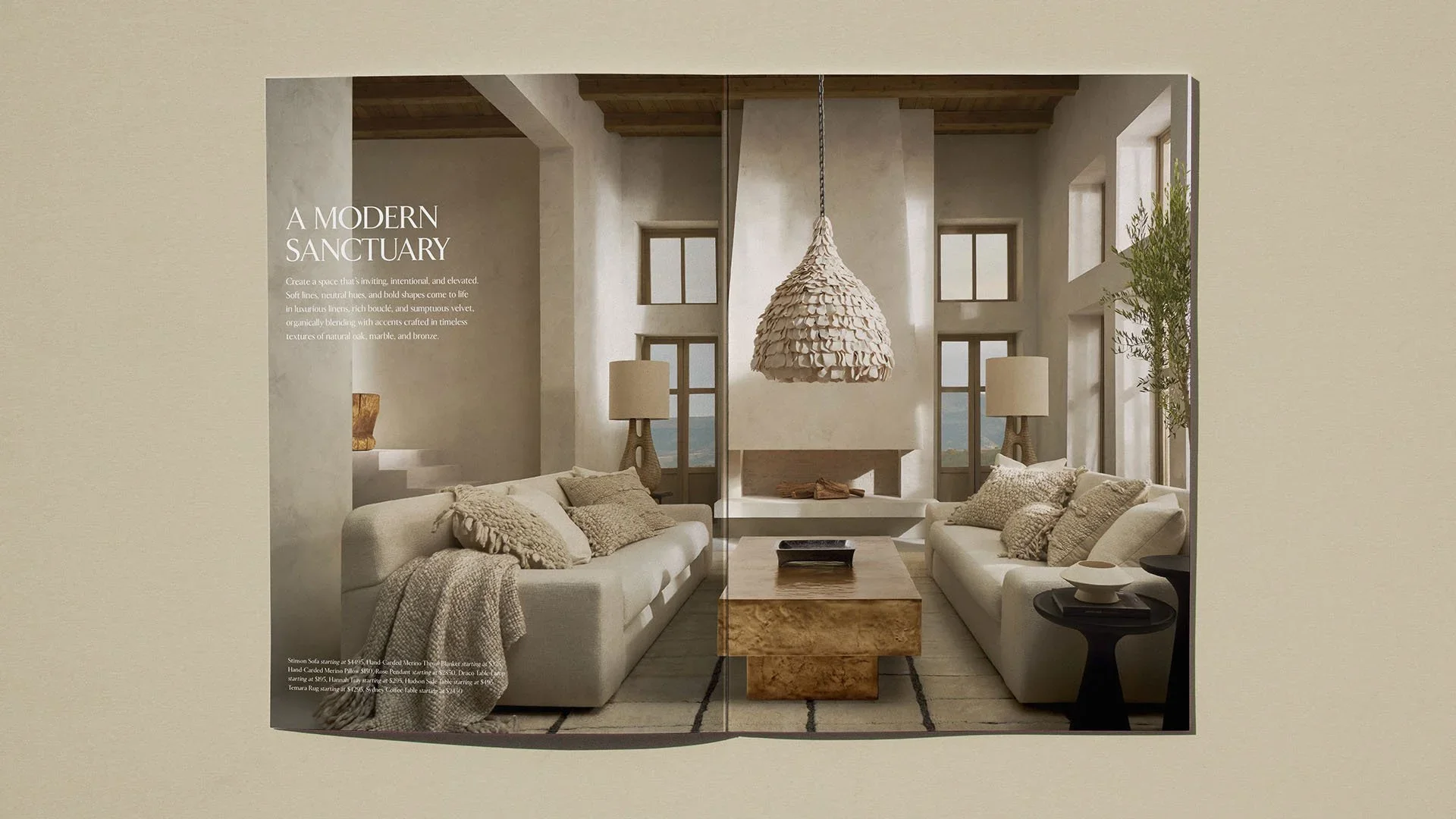 Modern living room with beige sofas, large windows, rustic wooden ceiling, and hanging pendant light, decorated in neutral tones.