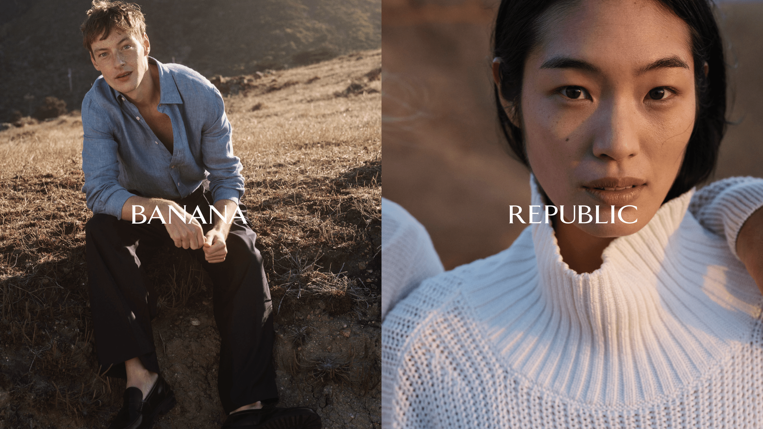 Side-by-side images of a man on the left and a woman on the right, with text overlay that reads "BANANA REPUBLIC" across both images.