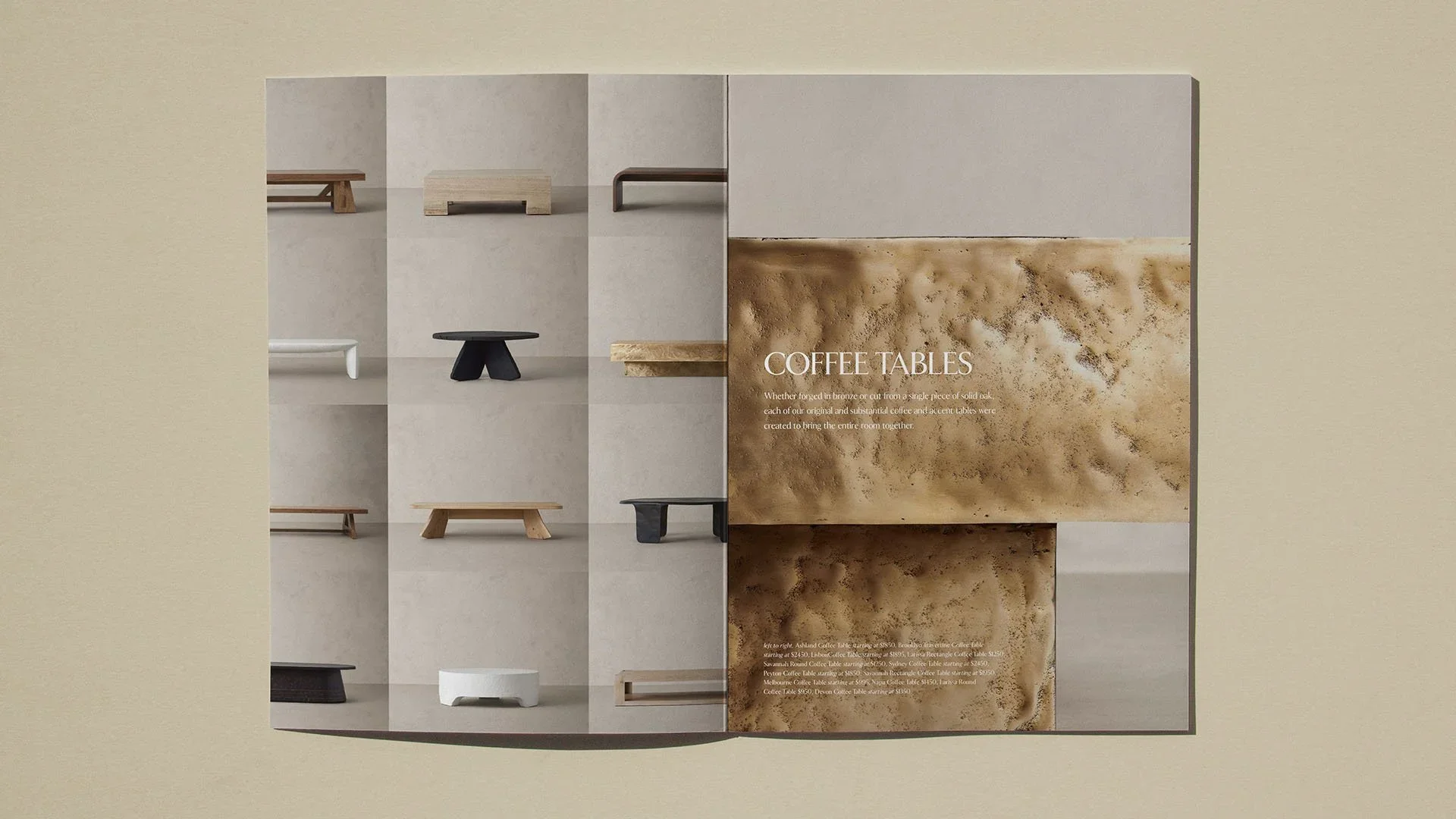 An open magazine showing various coffee tables on the left page and a large textured coffee table with text on the right page.