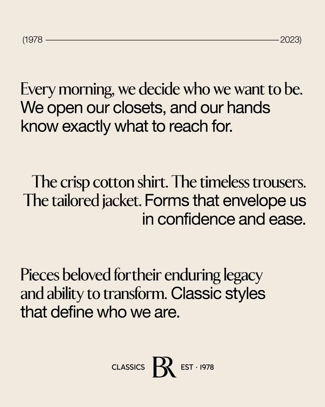 A motivational quote about clothing and confidence, mentioning cotton shirts, trousers, jackets, and classic styles, with a beige background and black text.