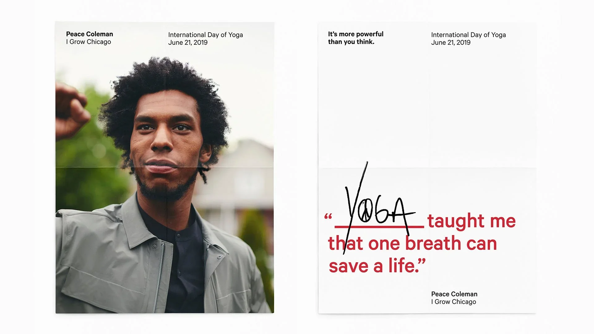 A man with curly hair and a gray jacket making a fist gesture, with a quote on the right side that reads, "Yoga taught me that one breath can save a life." The left side includes the man's name, Peace Coleman, and references International Day of Yoga on June 21, 2019.