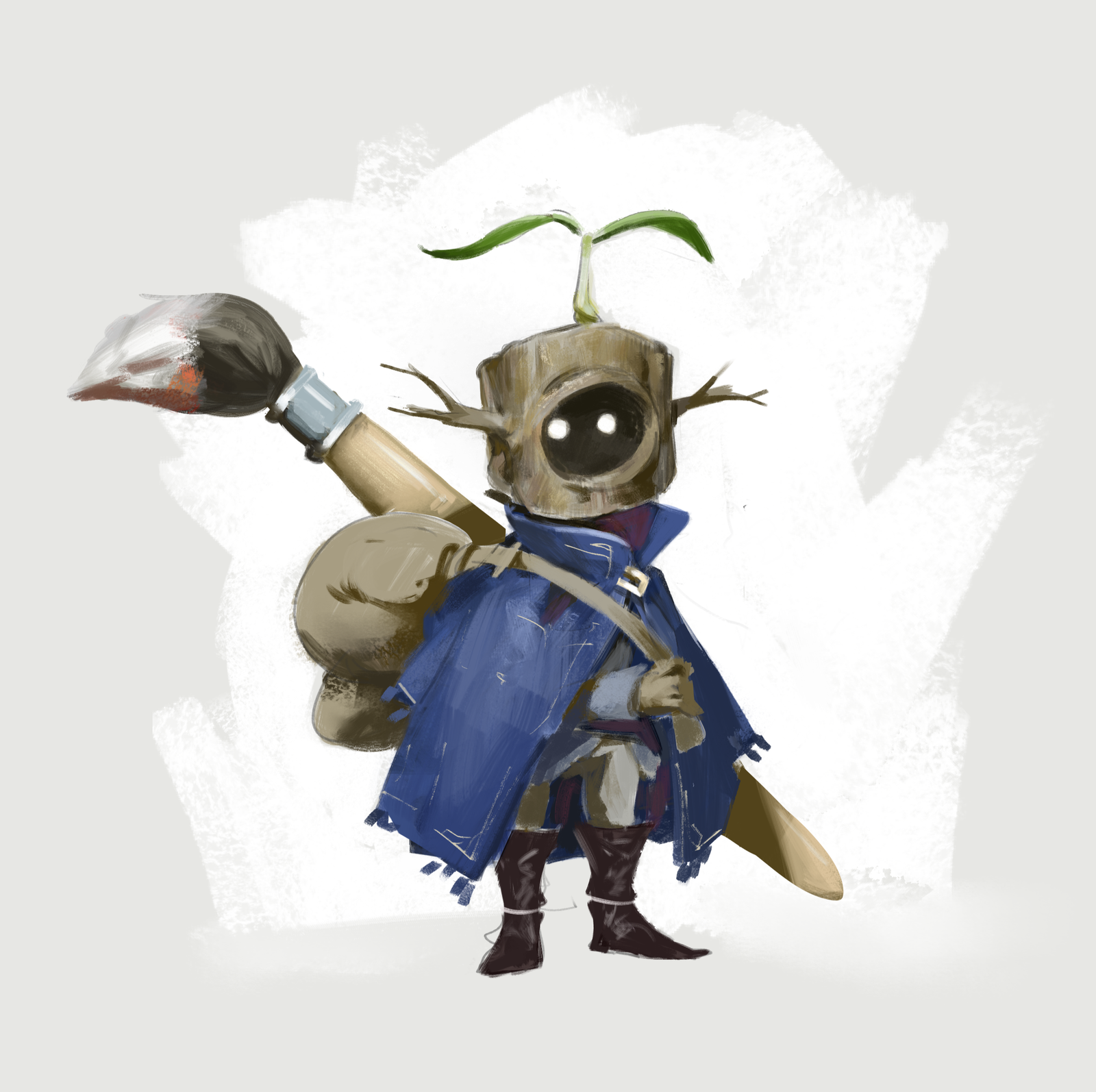 A cartoon-style character with a small plant sprout growing from its head, holding a large paintbrush, wearing a blue cape and boots, and carrying a backpack, standing against a light background.
