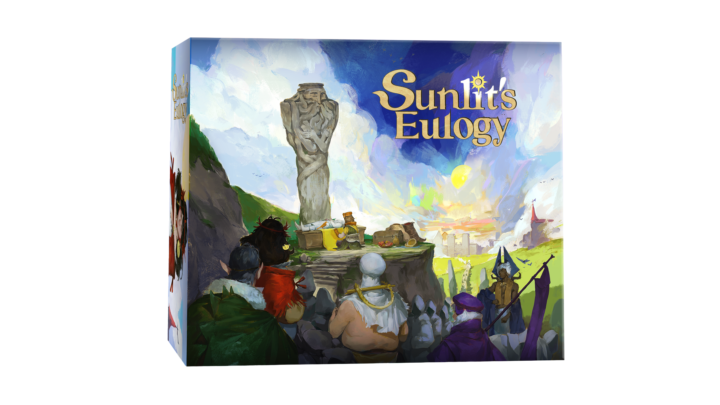 Board game box for Sunlit's Eulogy featuring an illustrated scene with a large carved stone figure, a group of fantasy characters, and a vibrant landscape with a setting sun and a castle in the distance.