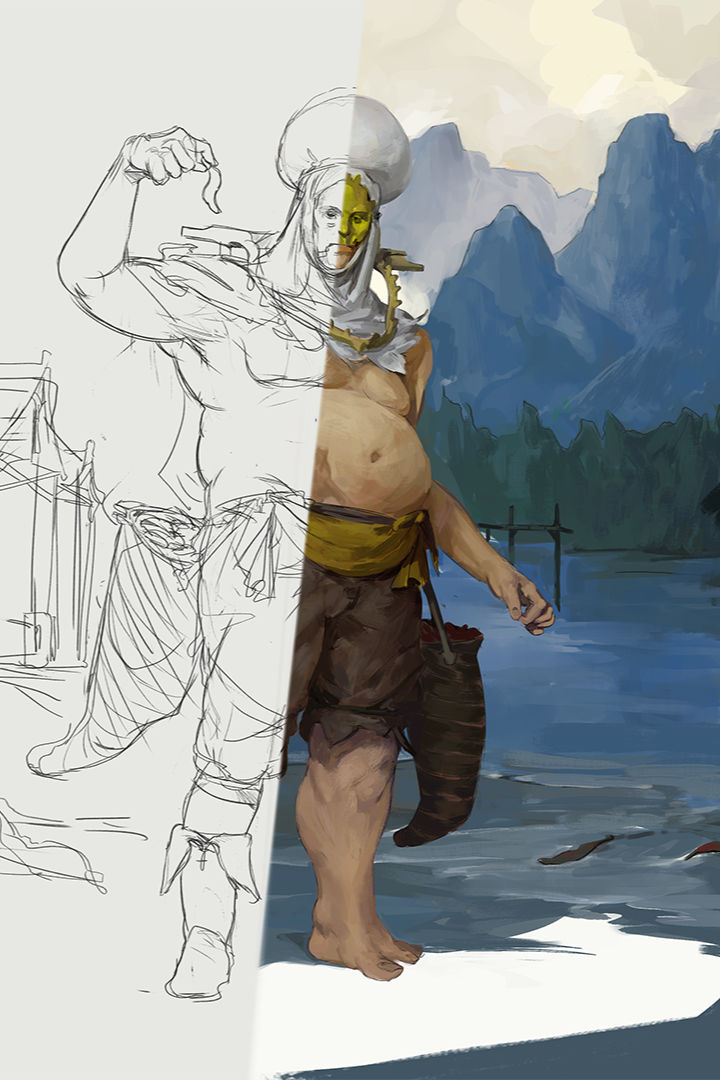 Half of the image shows a detailed painting of a man with a muscular build, standing by a river with mountains in the background, wearing minimal clothing and a mask, with a chain around his neck. The other half shows a rough sketch of the same scene.
