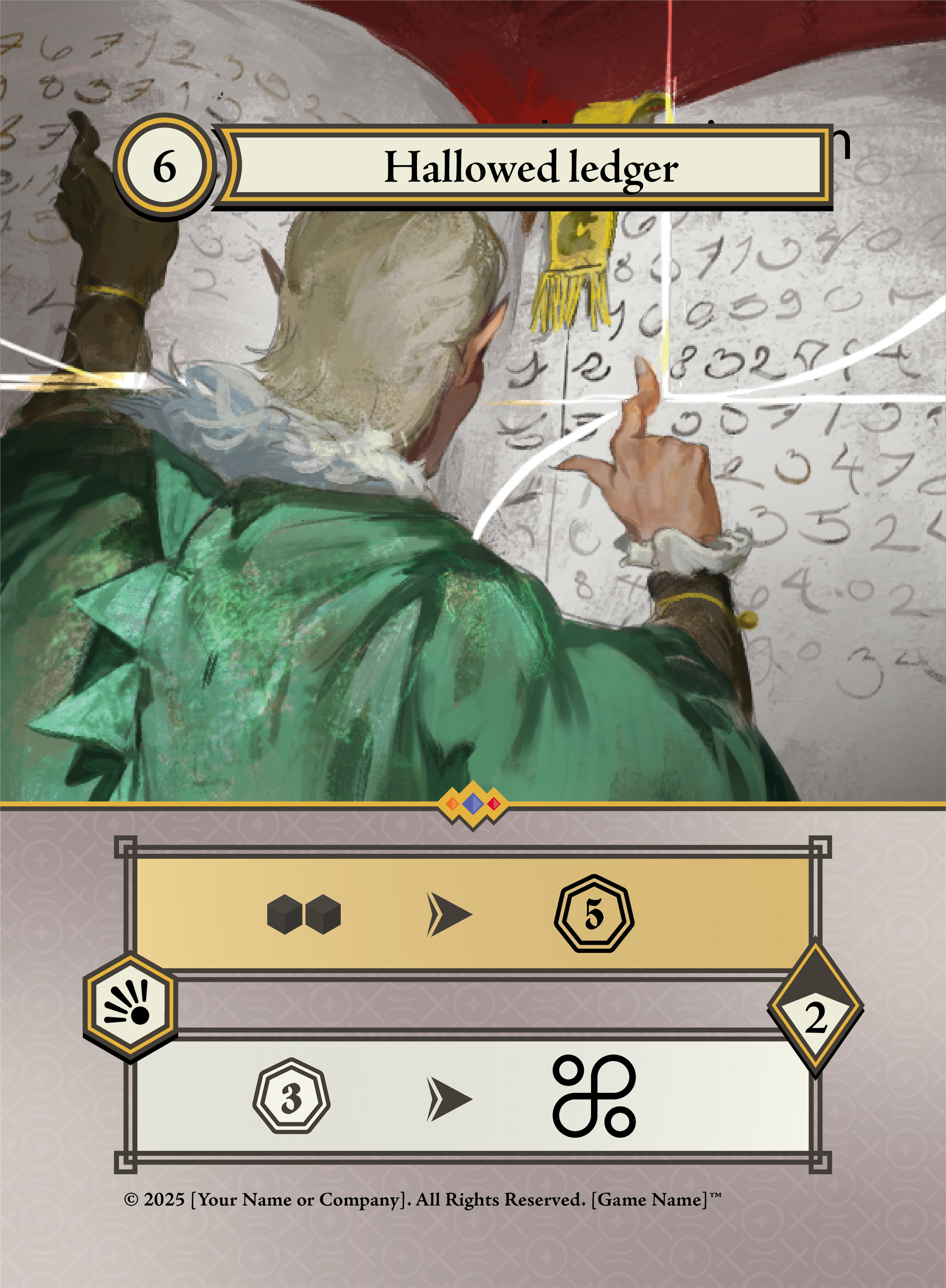An illustrated card titled 'Hallowed ledger' showing a person with gray hair and elf-like ears, wearing green clothing, writing or pointing at a ledger or sheet with numbers.