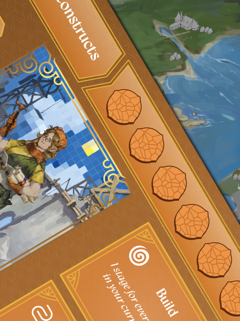 This image shows part of a board game with cards labeled "Constructs" and "Build". One card features an illustration of a female worker with a dog, standing in front of construction cranes. The background includes a body of water and some buildings or houses.