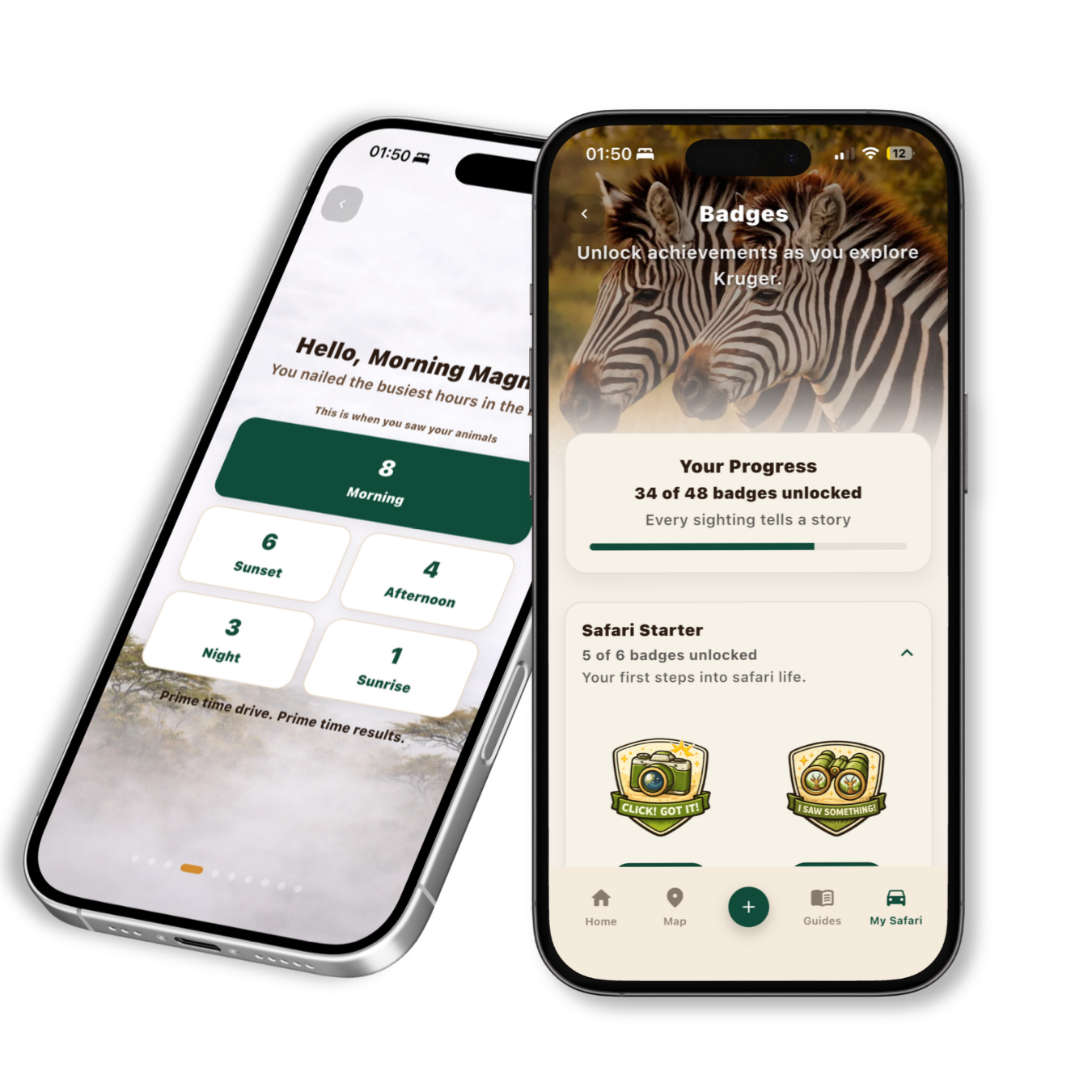 Mobile app screens showing wildlife safari tracking and badge achievement progress, featuring zebra images, badge icons, and progress bars.