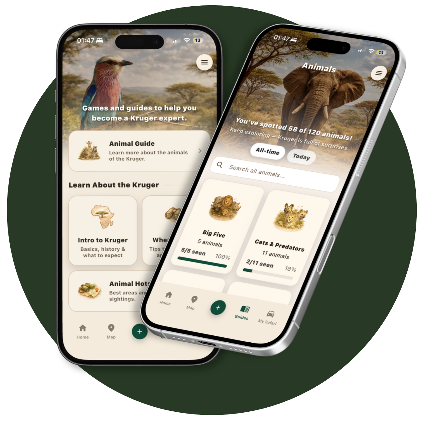 Safari Spotter hero image showing app screens for animal guides, sightings tracking, and Kruger safari planning