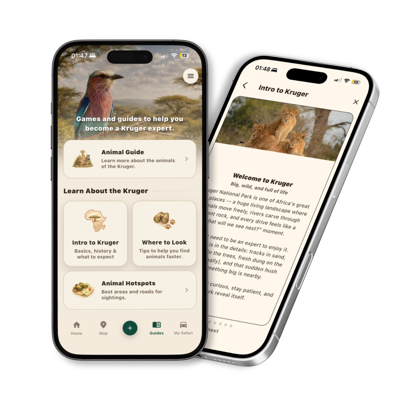 Mobile app screens displaying a guide to Kruger National Park, including sections on animals, how to look for them, and hot spots, with images of wildlife and park scenery.