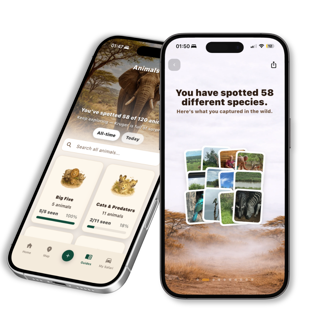 Two iPhones displaying wildlife tracking apps on a black background. The left phone shows a safari guide app with an elephant image, tracking 58 animals out of 120 species, with categories for all-time and today. The right phone shows a bird watching app with a white background, indicating 58 species spotted with a collage of various animal photos.