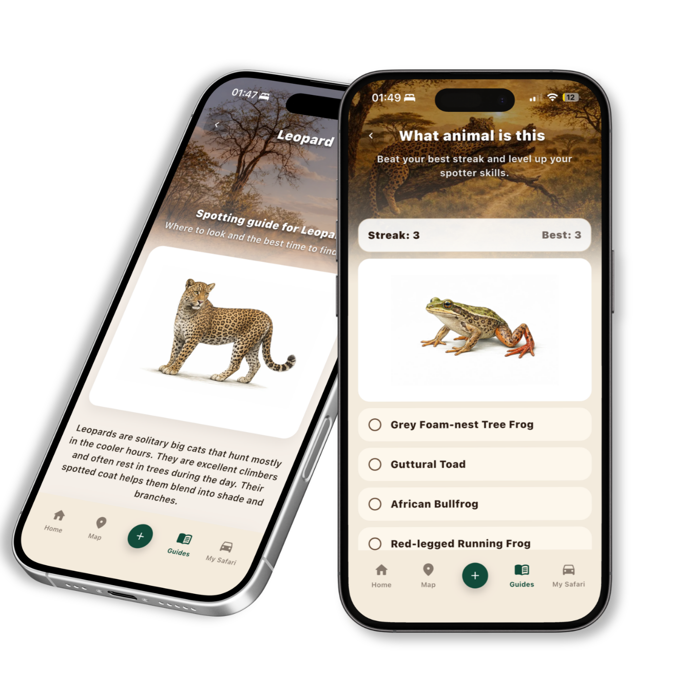 Safari Spotter app screens showing animal guides and quiz features that help keep kids engaged on a Kruger safari