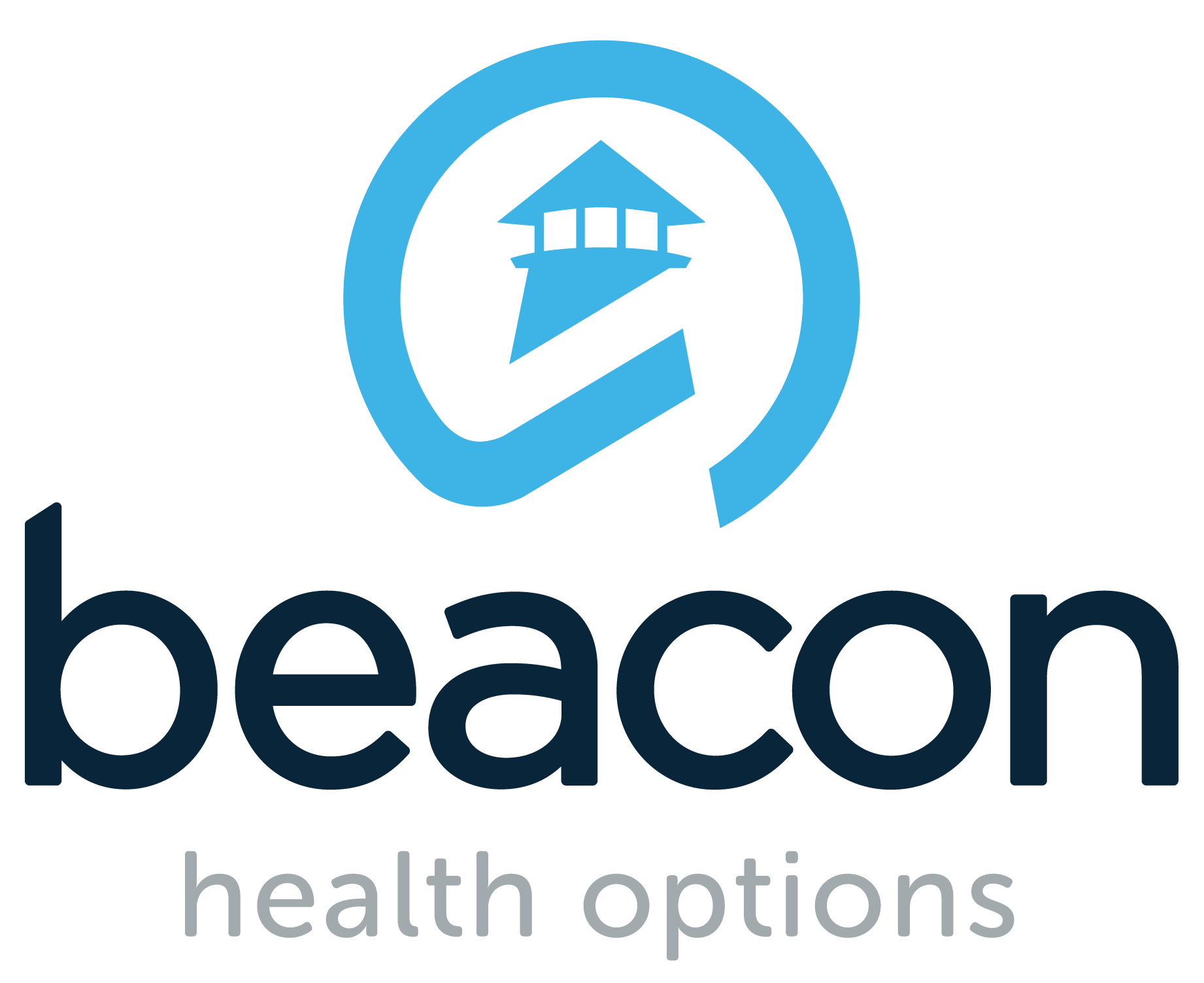 Logo with a blue circle and a lighthouse at the center, with the words "beacon" in large dark blue letters and "health options" in smaller gray letters underneath.