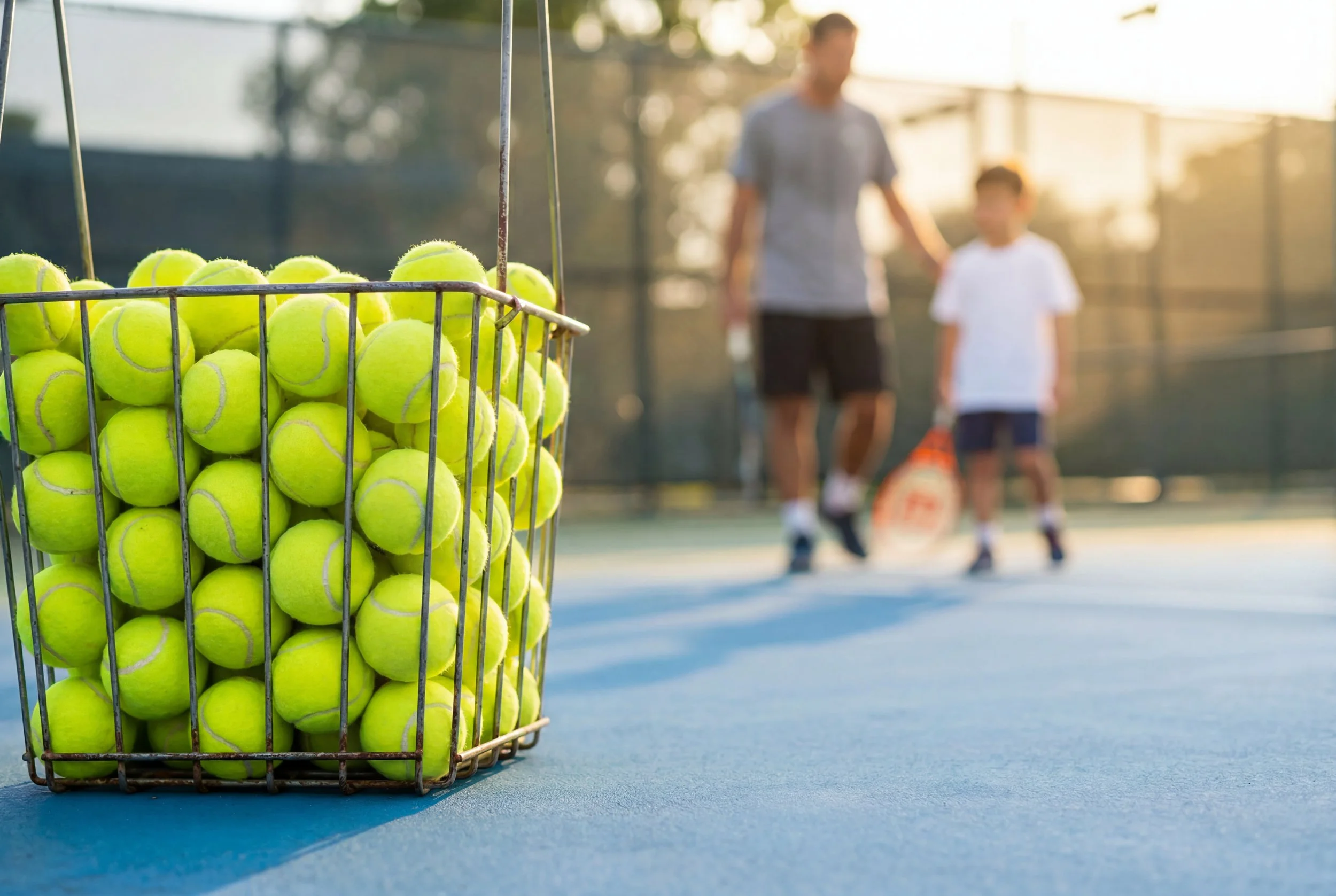 A basket of tennis balls on a tennis court with someone and a child in the background.