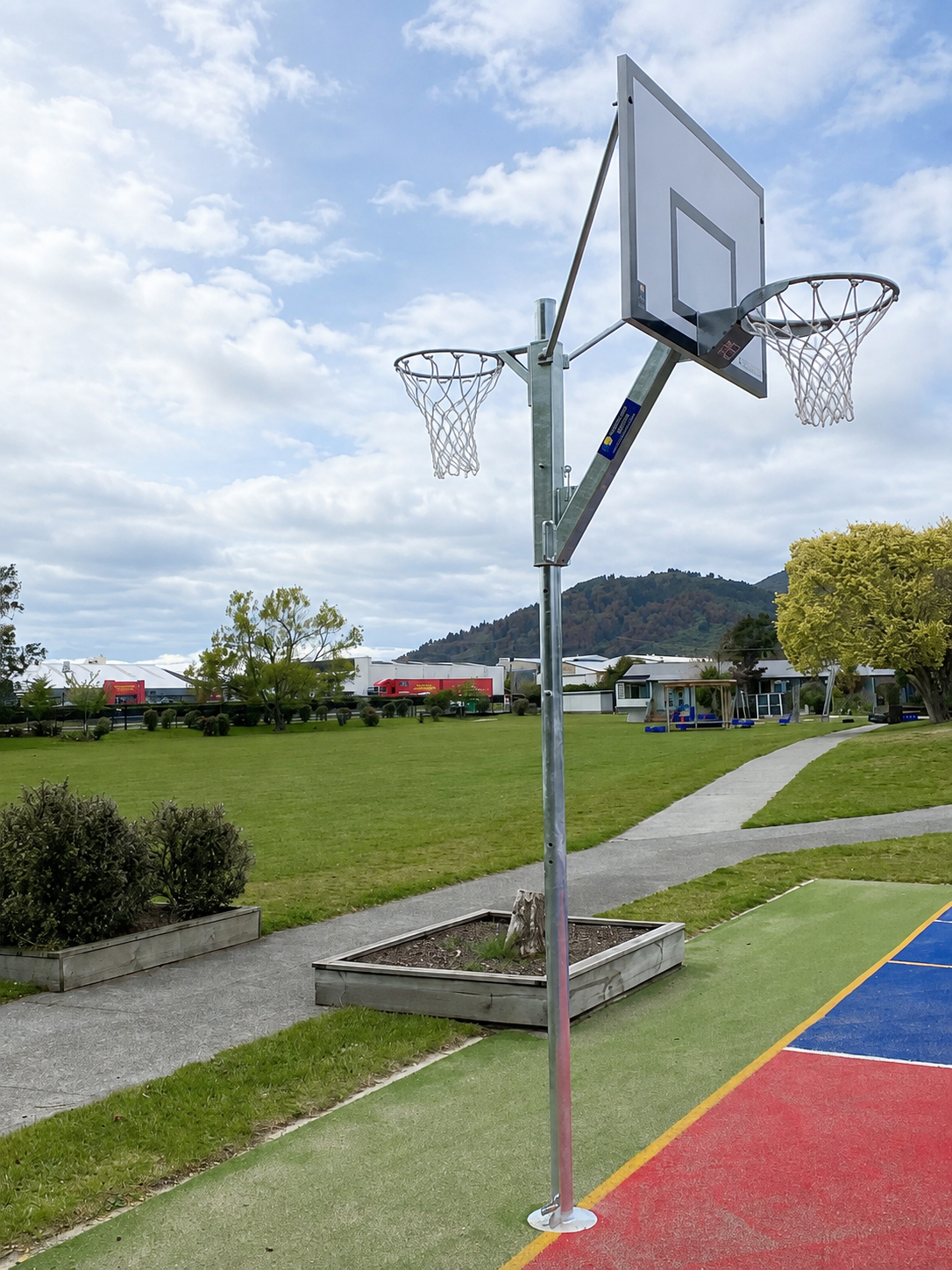 Reversible Basketball and Netball System: Adjustable Height