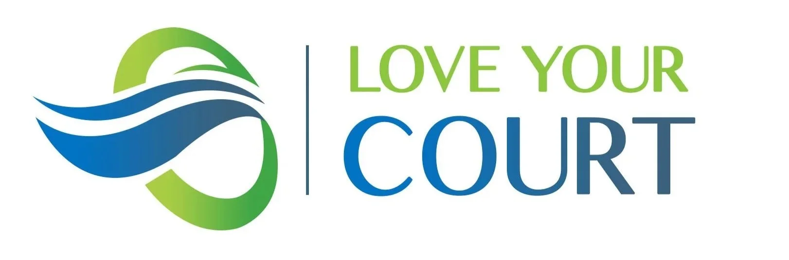 The logo of Love Your Court features a stylized green and blue circular design with wavy lines resembling a court or water, alongside the text 'LOVE YOUR COURT' in green and blue letters.
