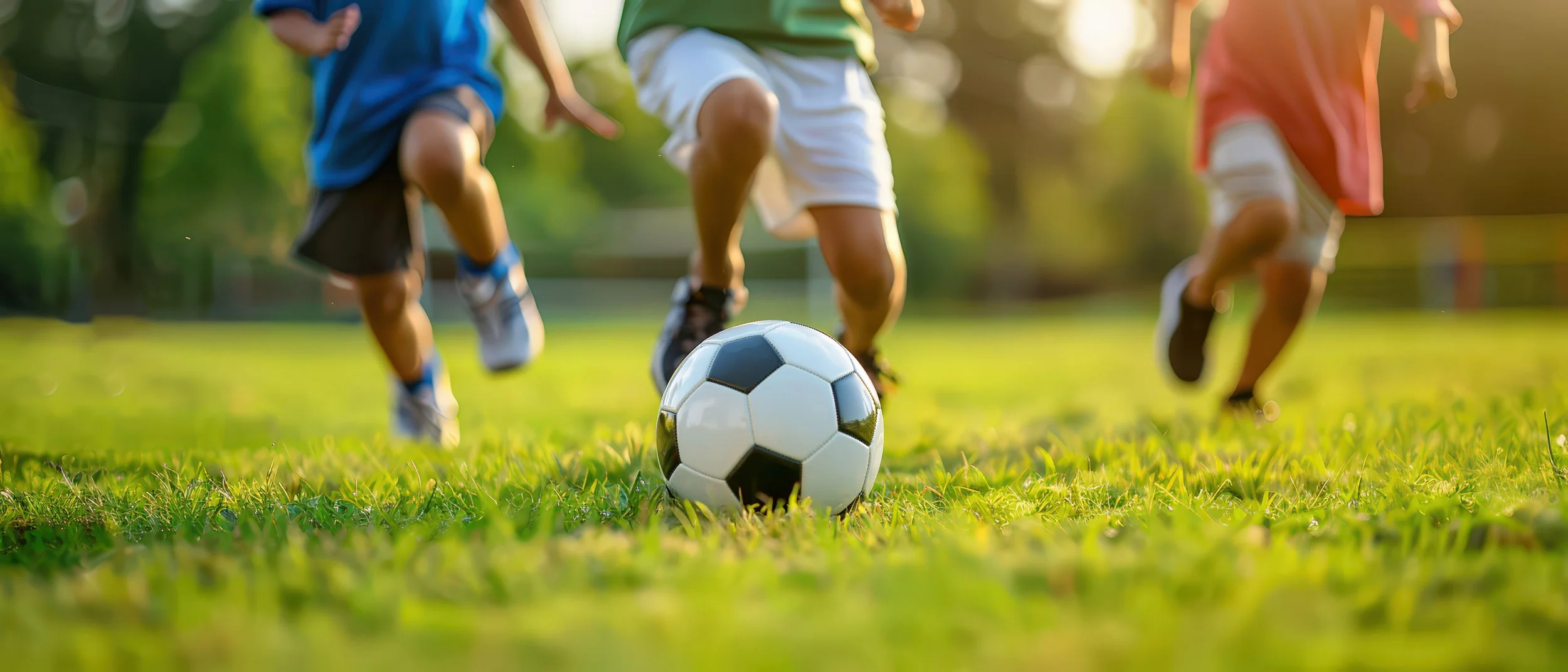 Children playing soccer outdoors on a grassy field, with a soccer ball in the foreground and kids running around in colorful clothes.