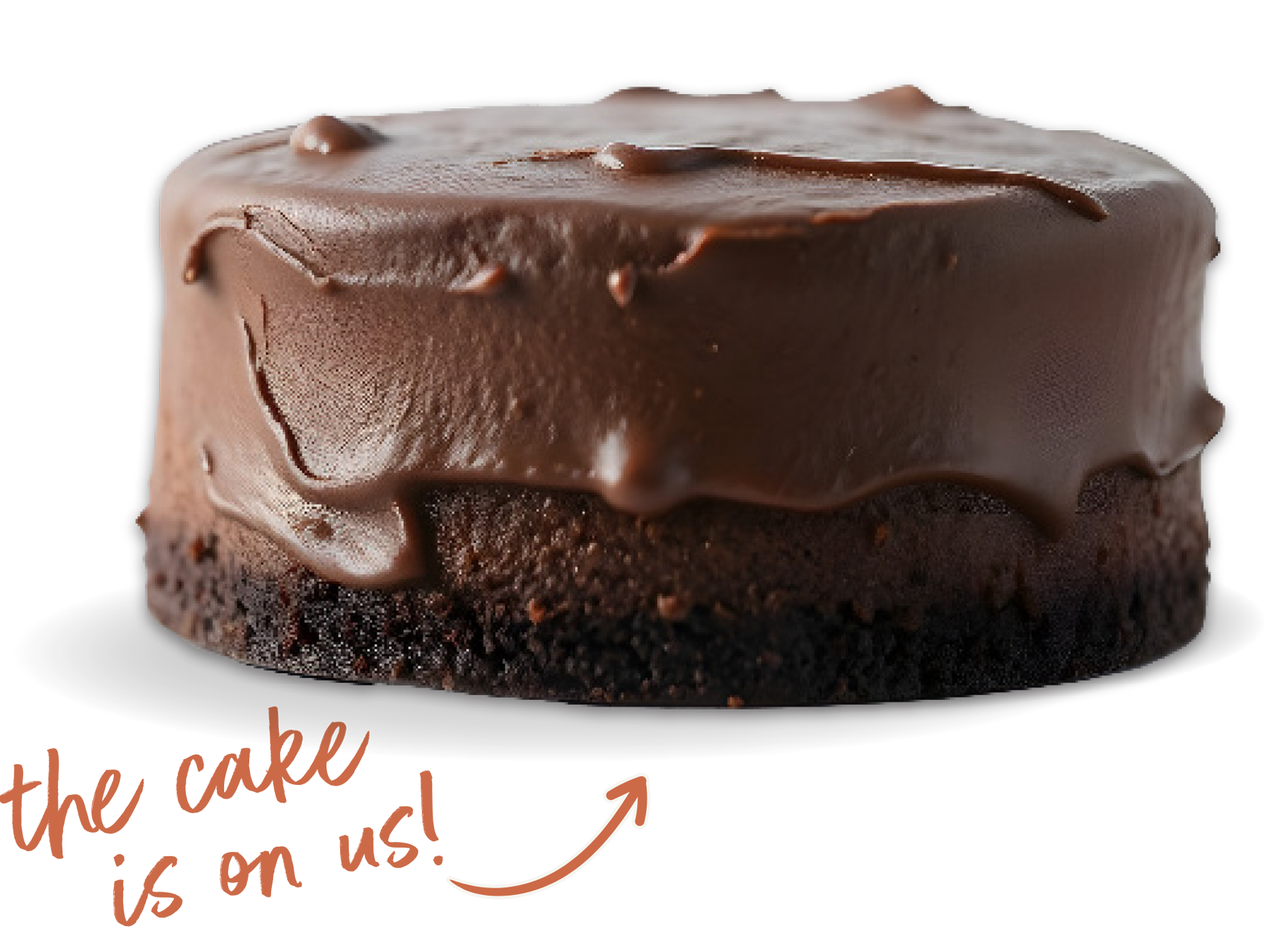 Close-up of a chocolate layered cake with smooth chocolate frosting on top and chocolate crumbs on the base, with some handwritten annotations in brown and yellow text pointing to various parts of the cake.