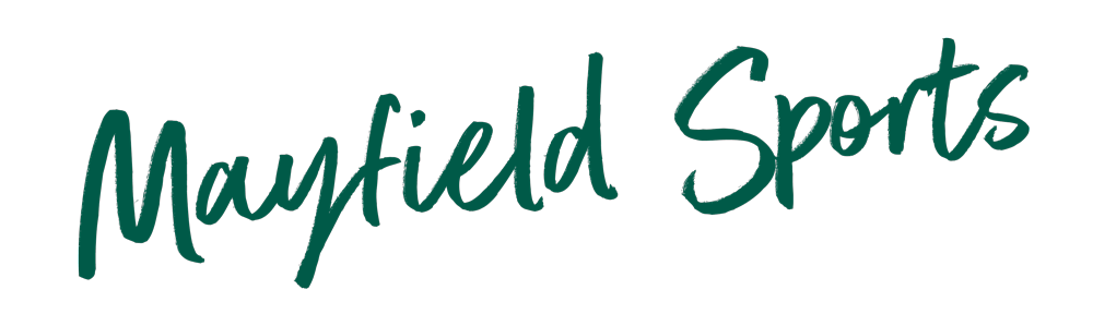 Text reads "Mayfield Sports" in green handwritten style on a black background.