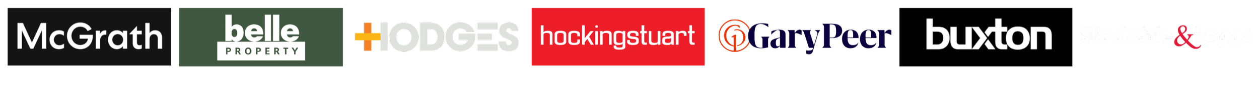Logos of multiple real estate agencies: McGrath, belle PROPERTY, +HODGES, hockingstuart, Gary Peer, buxton, Stockdale & Leggo.