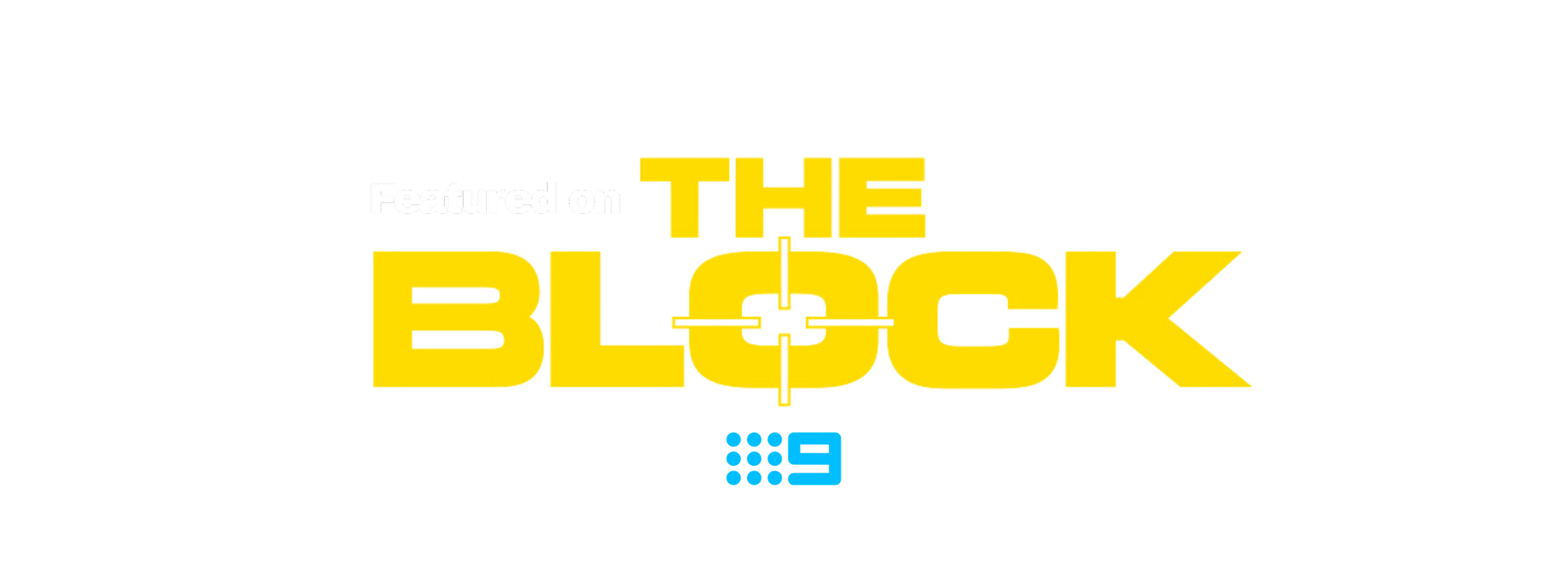 Promotional graphic with the text 'Featured on The Block' in bold yellow and white letters, and a small blue logo with the number 9 at the bottom.
