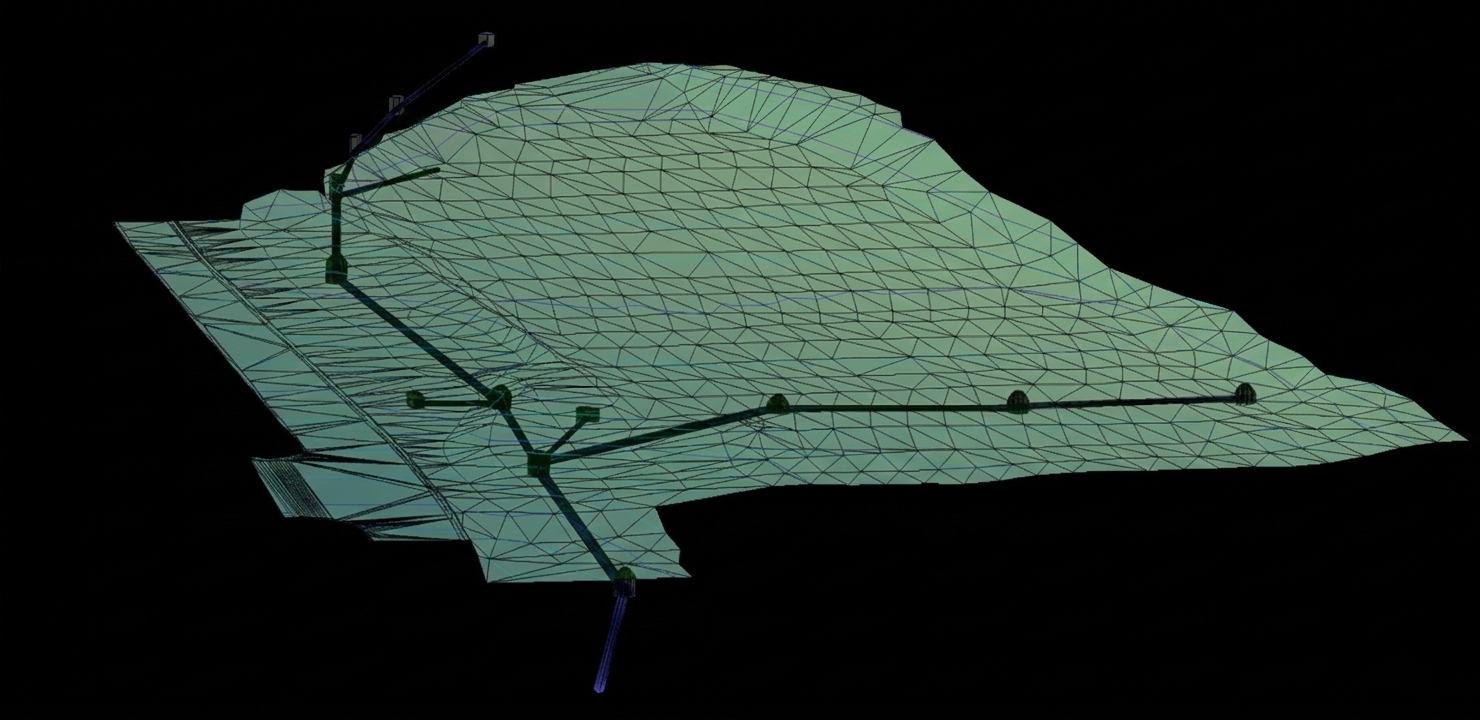 Superficie en 3D mostrando un modelo de terreno natural y el diseño de un sistema de alcantarillado