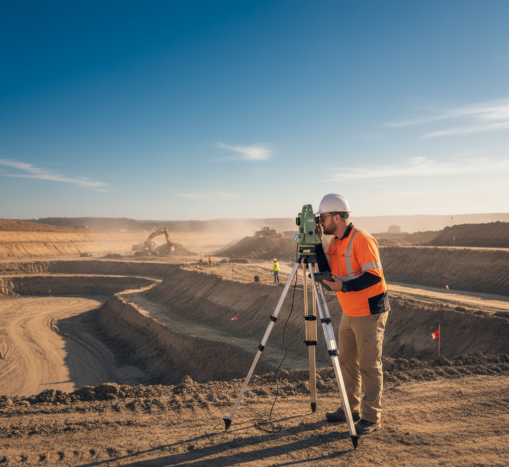 Ingeniero topógrafo manipulando una estación total GPS y tomando lecturas del terreno