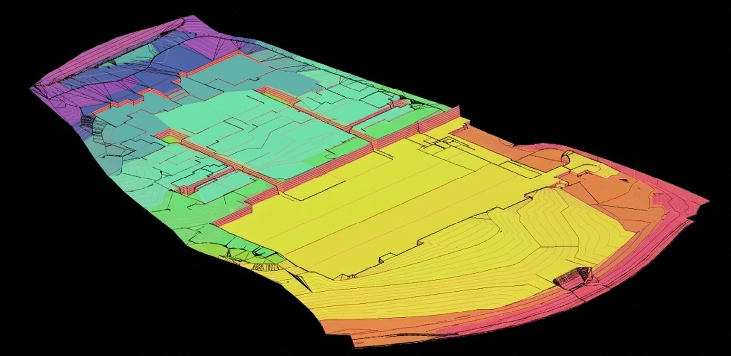 Superficie de proyecto modelada en 3D en AutoCAD CIVIL 3D mostrando colores según nivelación