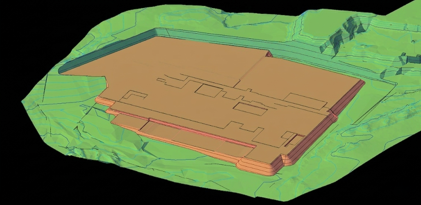 Superficie 3D color verde de un terreno natural levantado topográficamente y otra superficie 3D café de un proyecto modelado