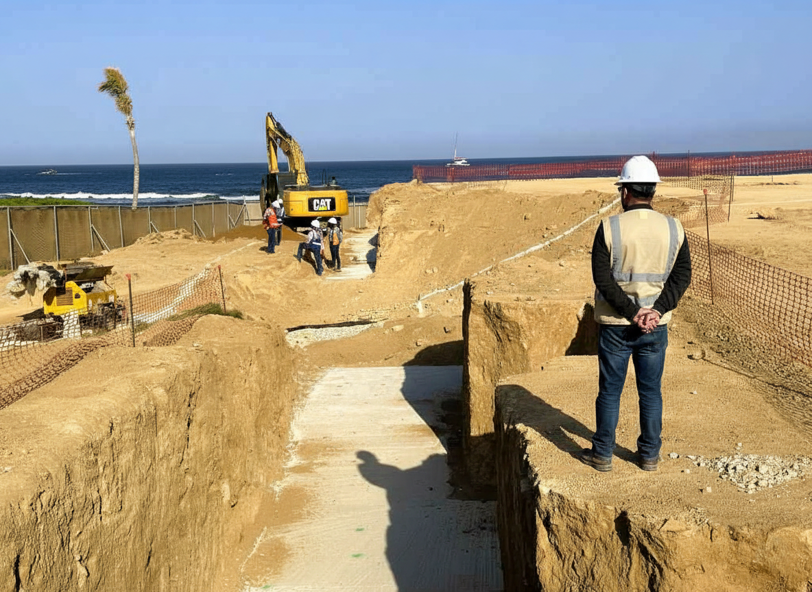 Ingeniero supervisor de obra revisando trabajos realizados