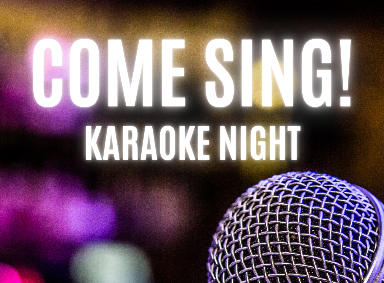 Sign advertising karaoke night with illuminated text that says "Come Sing!" and a close-up of a microphone, with blurred colorful lights in the background.