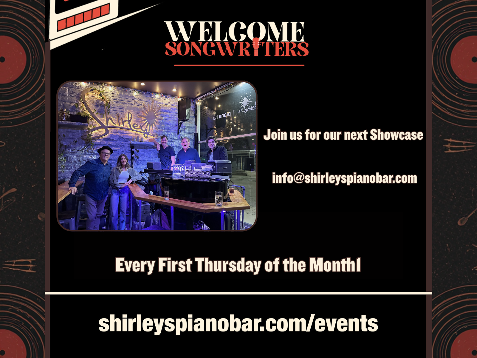 Event poster for Songwicher Showcase Nights, hosted by Stan Karcz, happening every first Tuesday of the month. Doors open at 6 PM. Features a graphic of a vintage radio and a piano bar logo.
