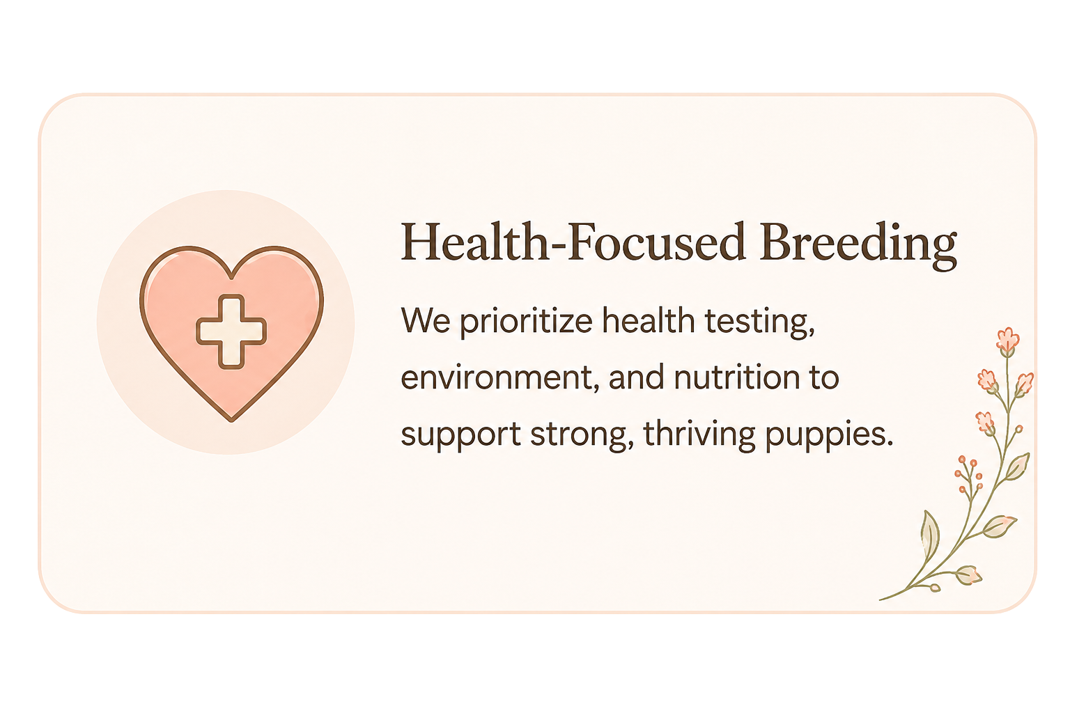 A digital sign with a heart icon featuring a medical cross, displaying the message 'Health-Focused Breeding' and emphasizing prioritizing testing, environment, and nutrition for puppies, with decorative floral elements on the right side.
