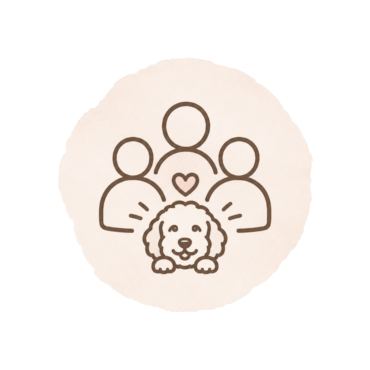 Illustration of three people with a heart above them and a dog in front, symbolizing love and companionship.