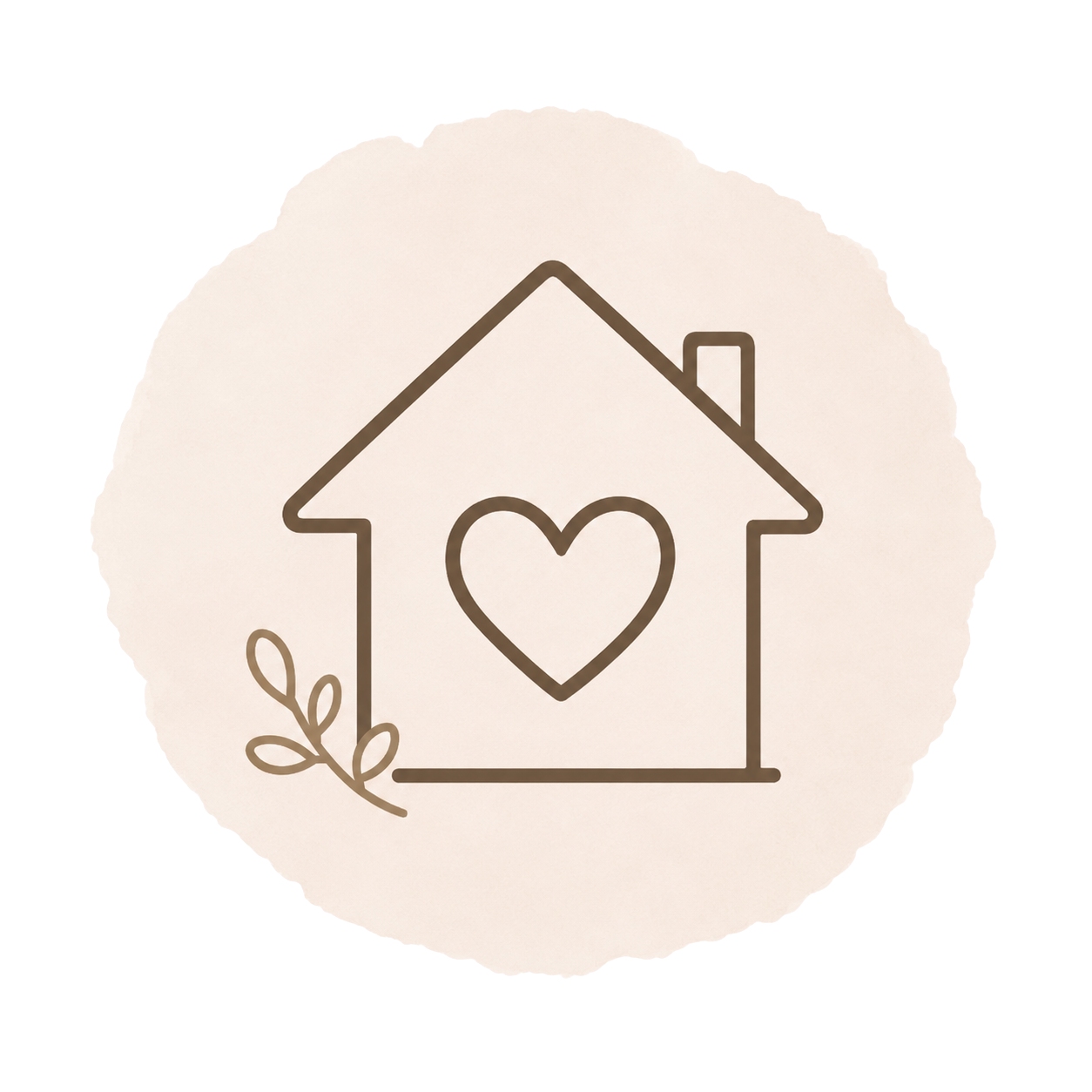 Line drawing of a house with a heart inside, a small chimney, and a sprig of leaves beside it.