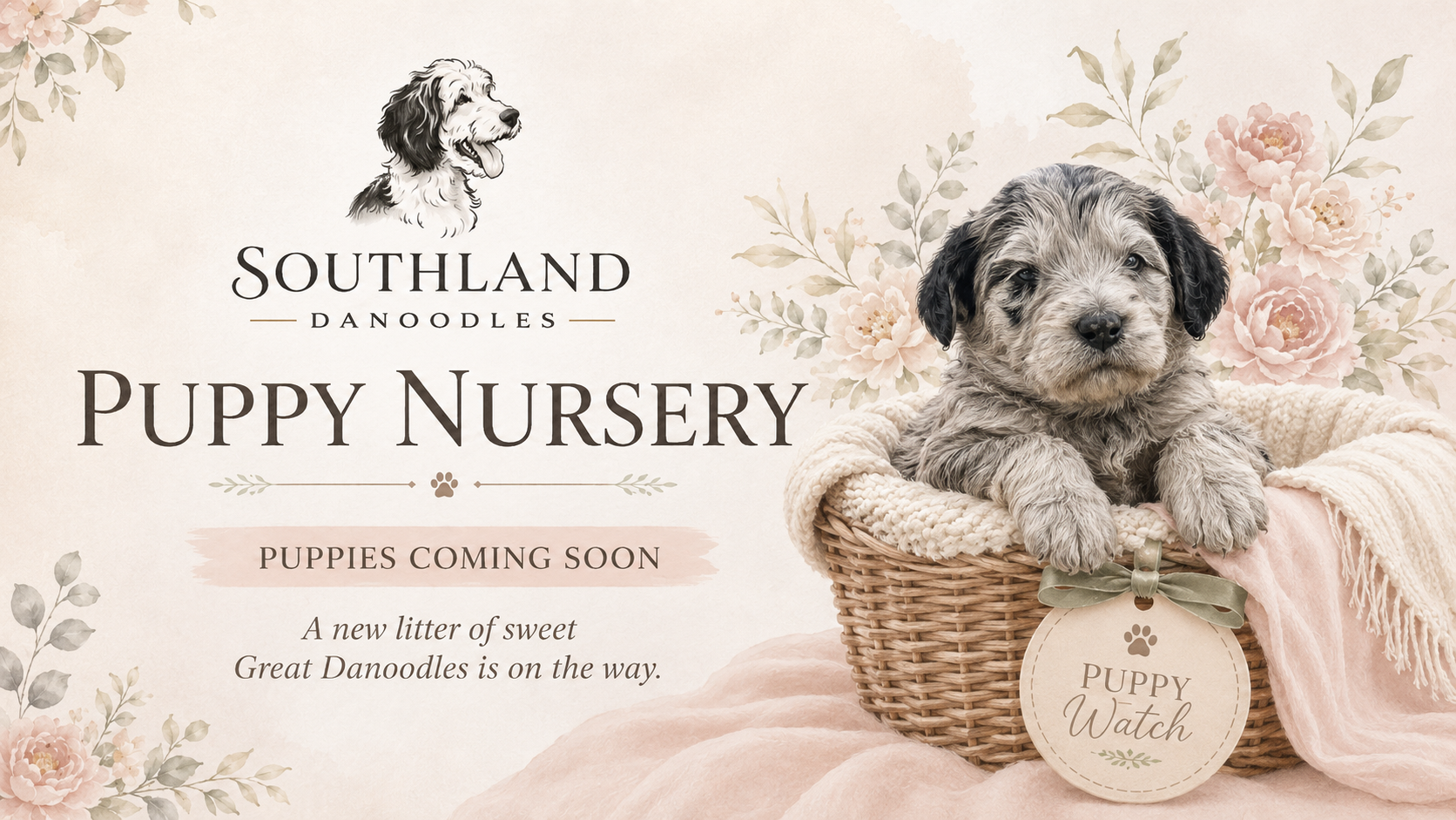 An advertisement for Southland Doodles Puppy Nursery featuring a cute puppy sitting in a wicker basket with floral decorations and soft pastel colors. The ad mentions puppies coming soon and highlights a new litter of great Doodles.