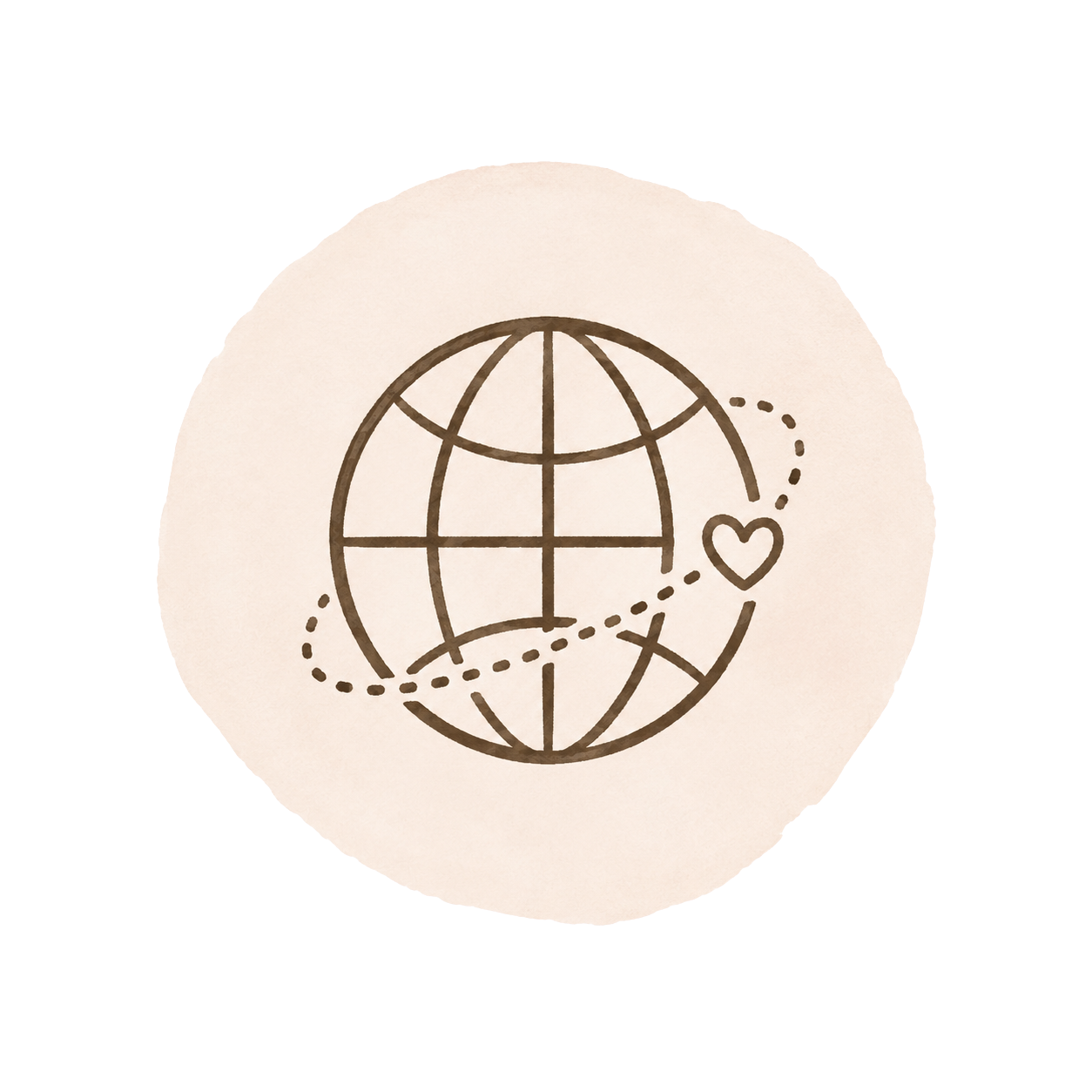 Line art drawing of a globe with a dotted path encircling it and a small heart along the path.