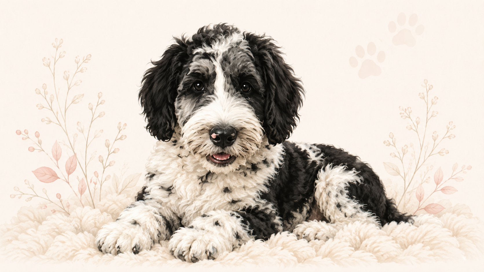 A black and white curly-haired puppy with floppy ears, lying on a fluffy cream-colored rug with soft pastel floral and paw print decorations in the background.