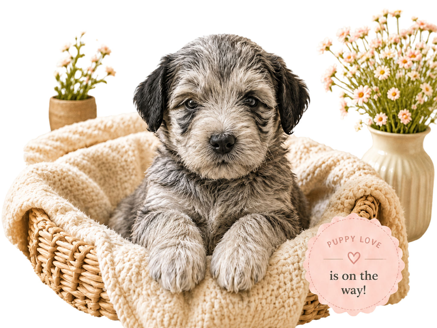 A cute puppy with gray and black fur sitting in a wicker basket lined with a soft beige blanket, flanked by two vases of pink and white daisies. A pink note on the basket reads 'Puppy Love is on the way!'