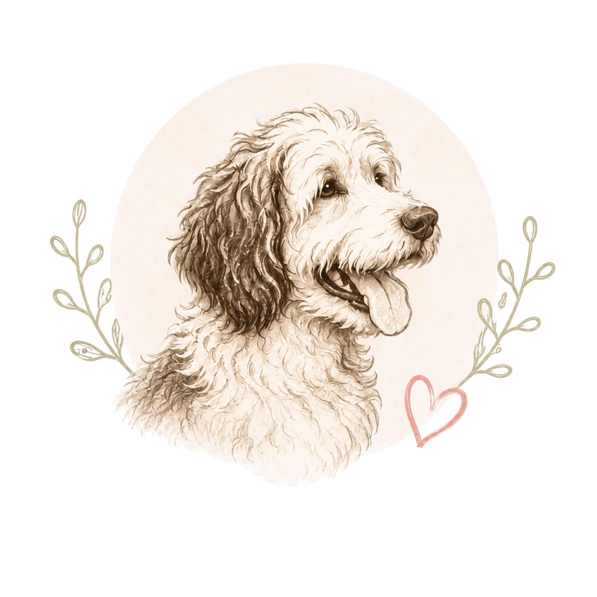 A detailed illustration of a fluffy dog, possibly a golden retriever or similar breed, set against a round background with decorative leaves around the edges.