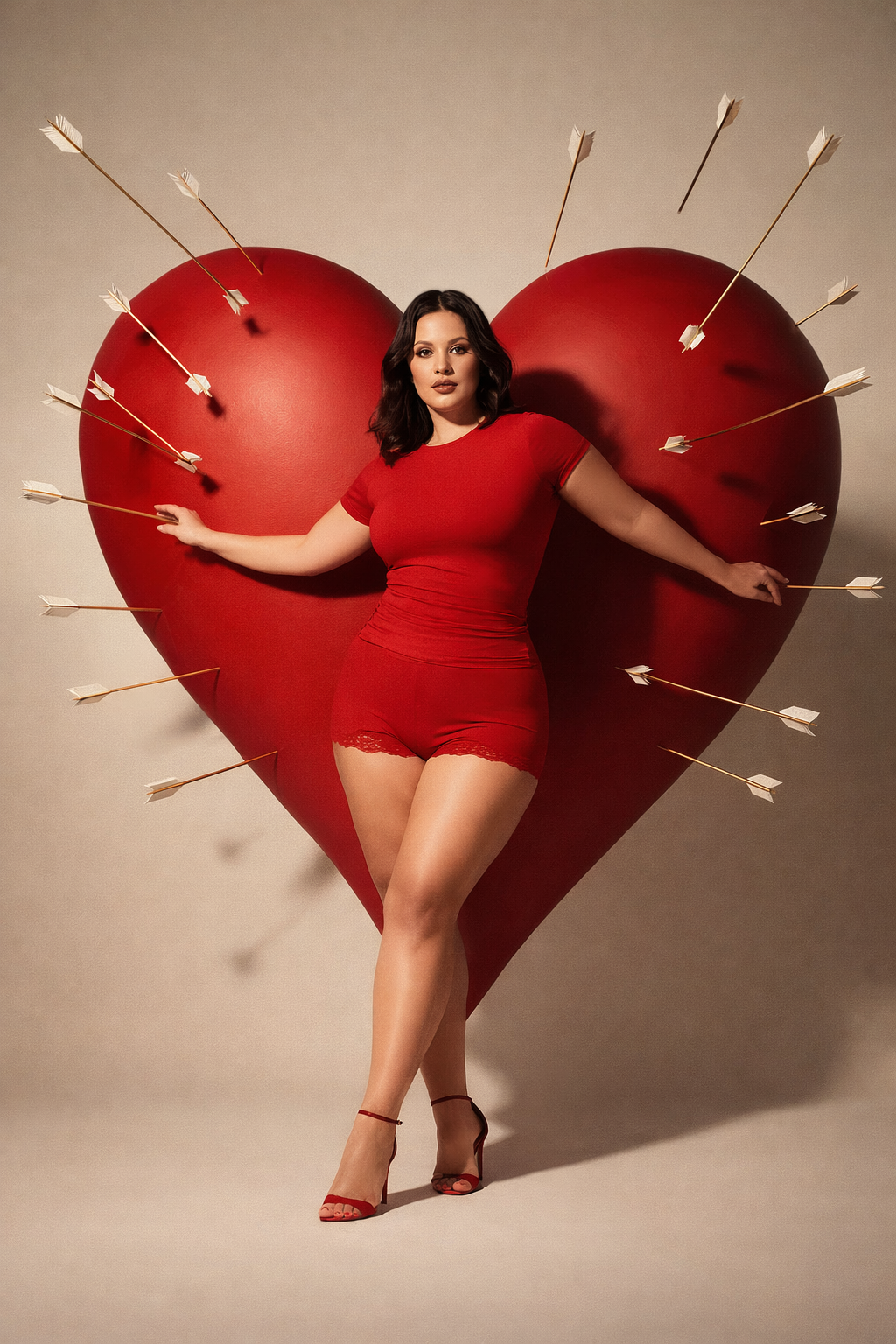 A woman wearing a red dress and high heels stands in front of a large red heart with arrows sticking into it, symbolizing love and heartbreak.