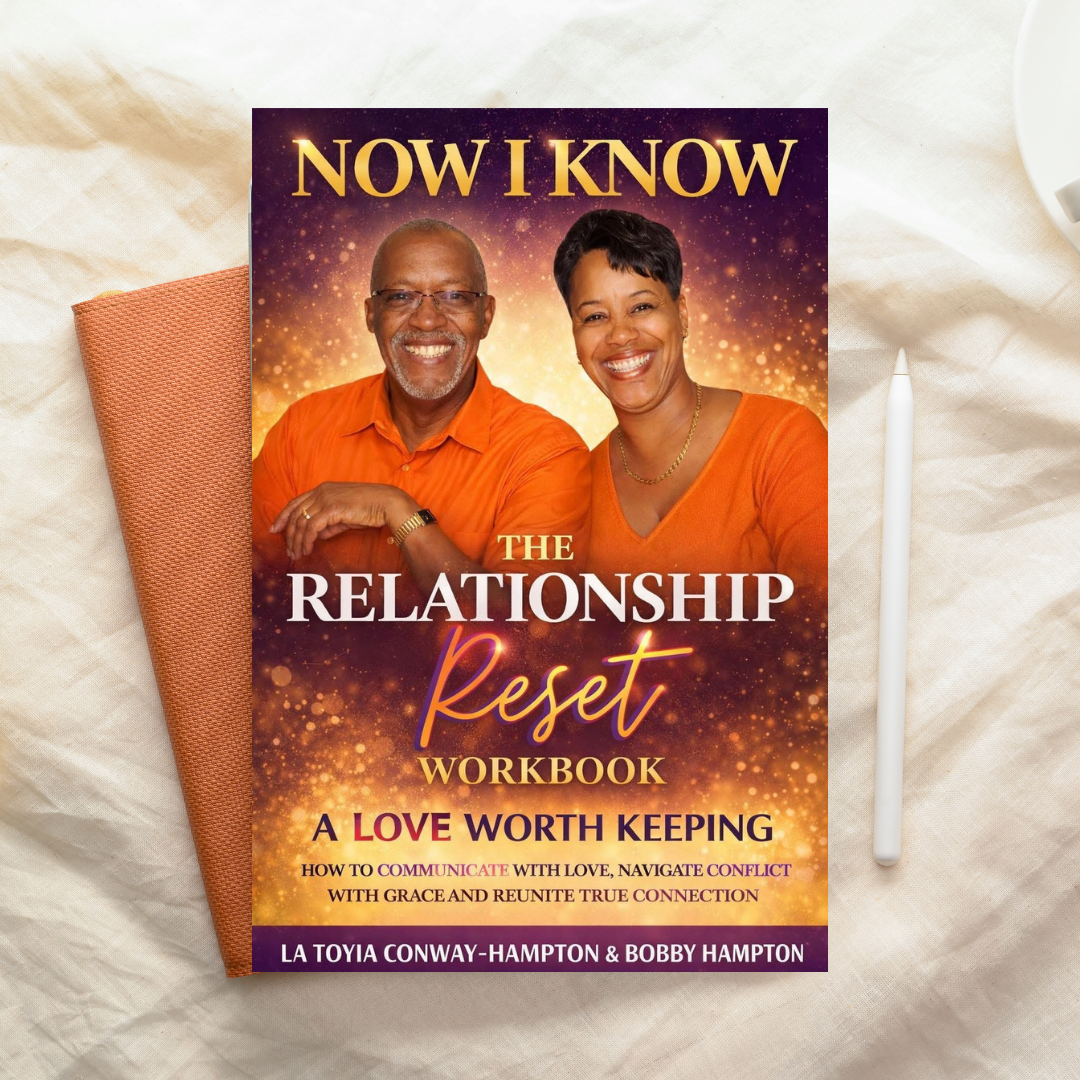 Book cover titled 'Now I Know the Relationship Reset Workbook' featuring smiling man and woman in orange shirts against a sparkly background, with subtitle about love, communication, conflict navigation, grace, and connection, authored by La Toyia Co