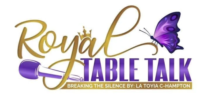 Logo for 'Royal Table Talk' featuring gold and purple text, a purple lipstick graphic, and a purple butterfly with black spots.