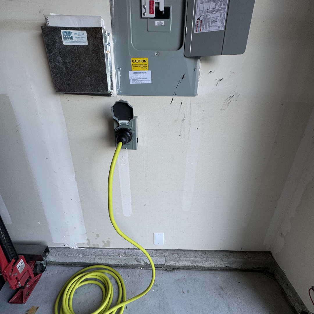 An electrical panel on a wall with a yellow extension cord plugged into a power outlet below it.